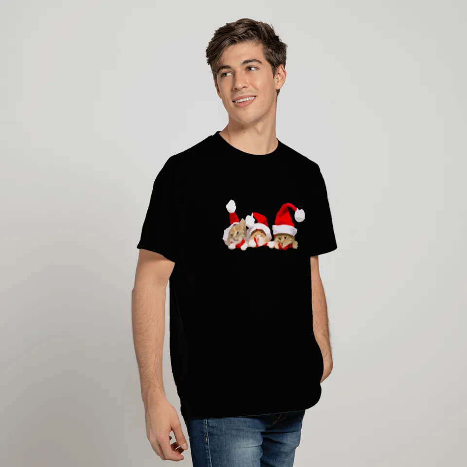 3 Christmas Cats in the Pocket T Shirts