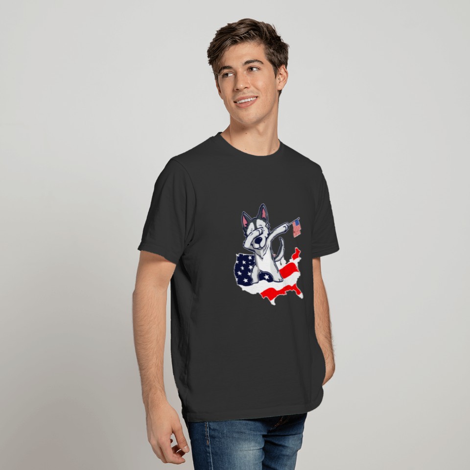 Husky - Funny Dabbing Husky on American Flag Map T-shirt