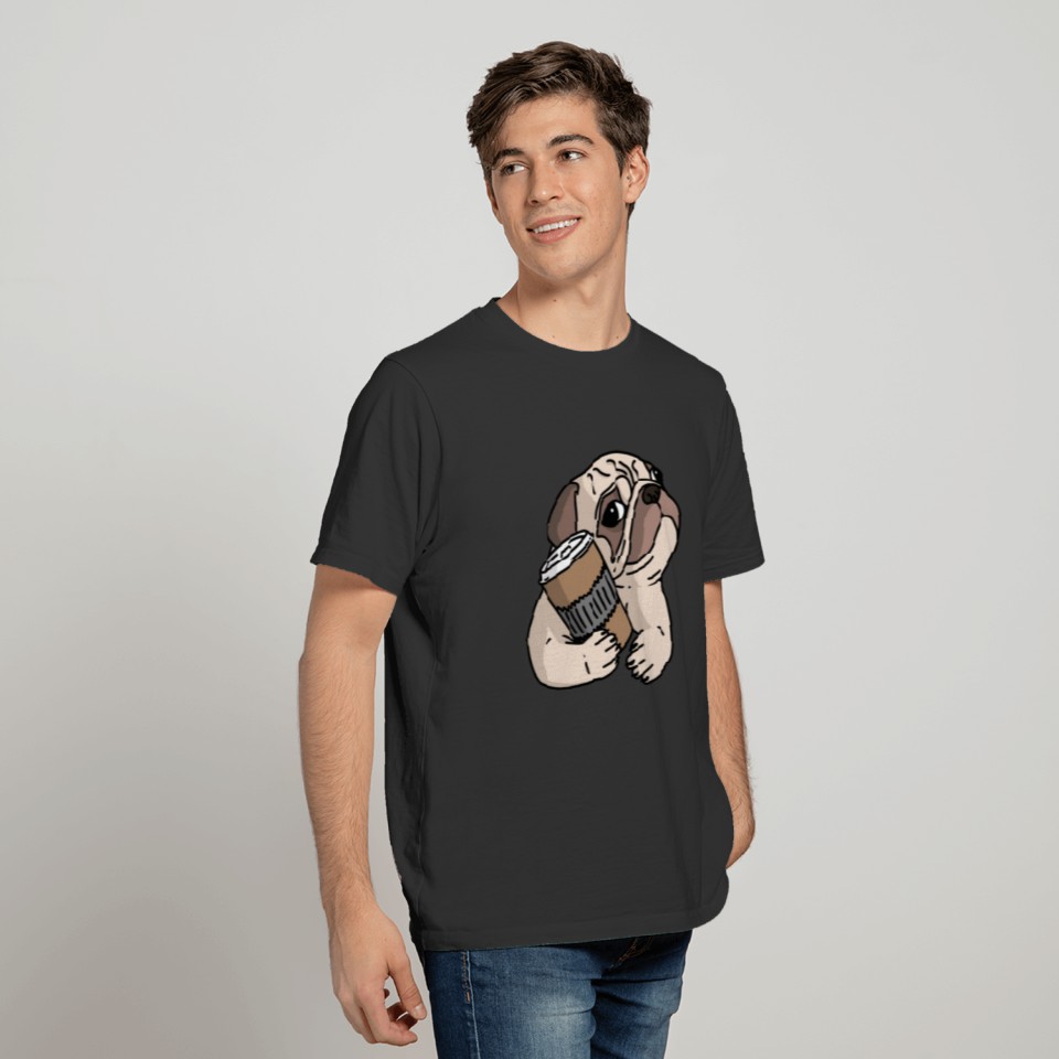 Cute pug dog holding a cup of coffee T-shirt