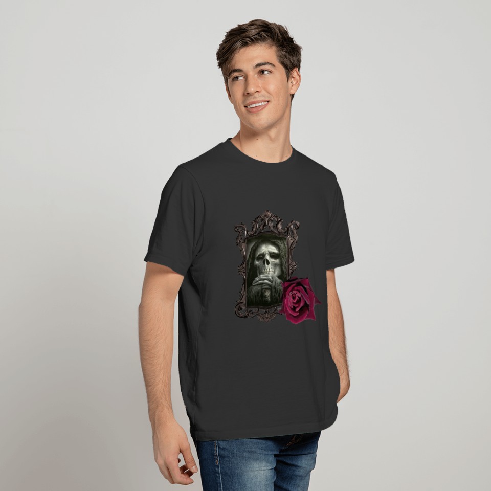 Evil is framed and highlighted with a rose. T-shirt