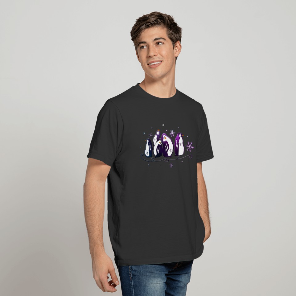 Purple penguins with snowflakes. Winter, snow and T Shirts
