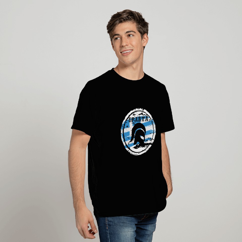 Sparta on Round with Greece Flag Background T Shirts
