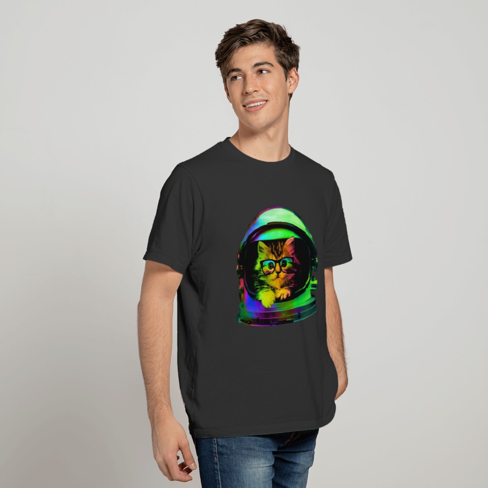 cat spaceman cool neon T-shirt