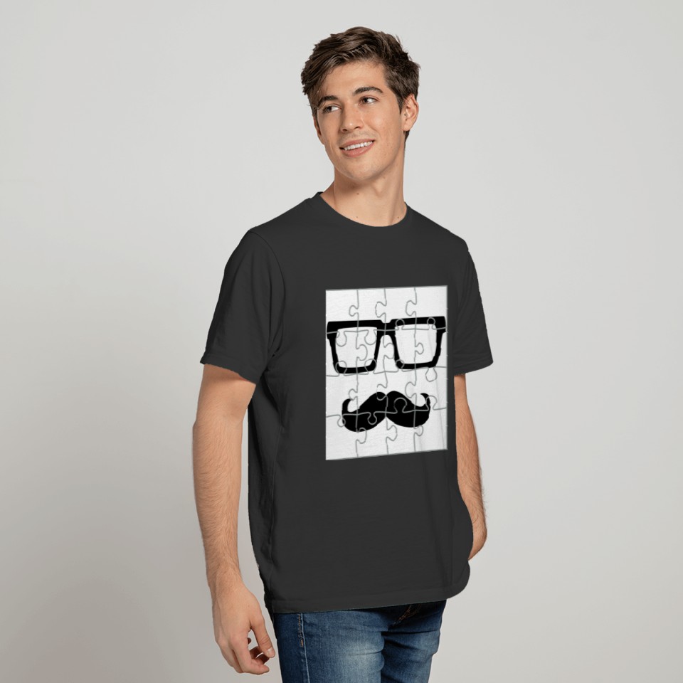 puzzle nerd hipster geek horn glasses mustache mus T-shirt