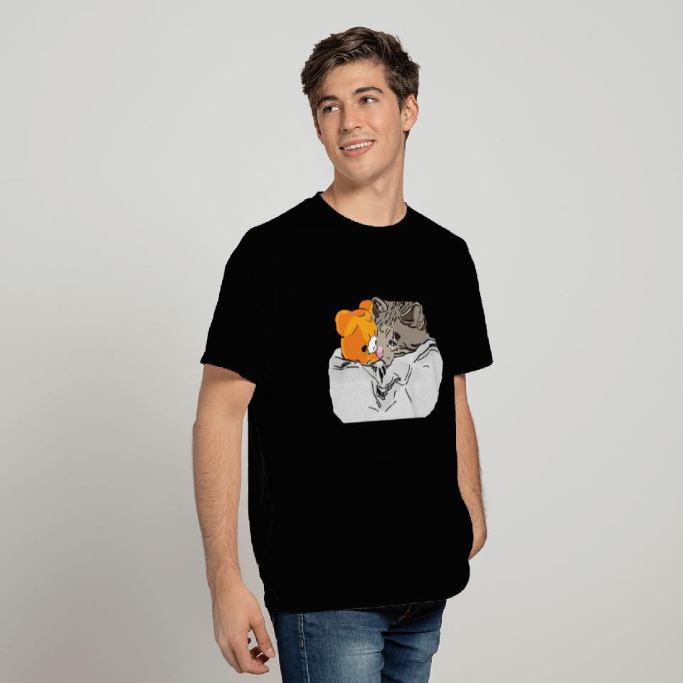 Sad Kitten Cat Crying bed with Teddy Meme T Shirts