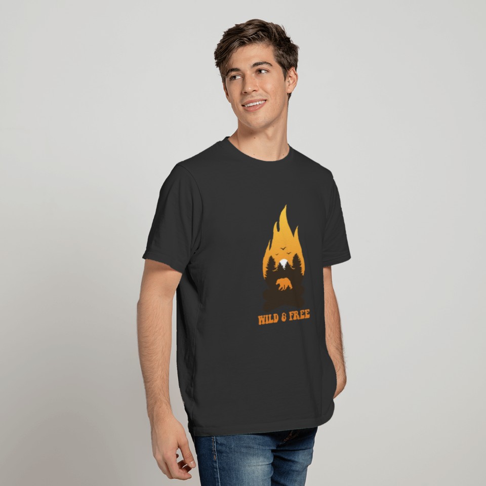 Camping, Wild and Free, bear, camp fire T-shirt
