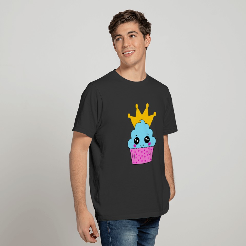 blue and pink happy cupcake with a golden crown T Shirts