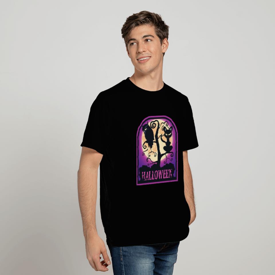 HALLOWEEN Scary Cat Owl Full Moon Purple Gift Idea T Shirts