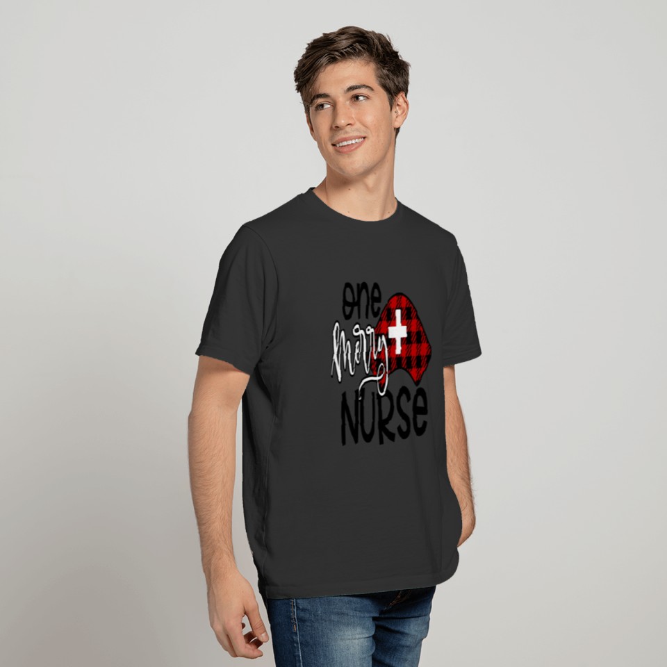 One Merry Nurse in buffalo plaid T Shirts