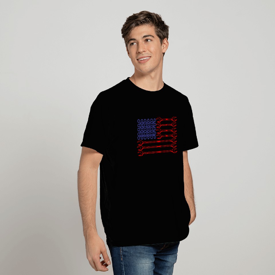 USA Red White Blue American Flag Mechanic car T Shirts