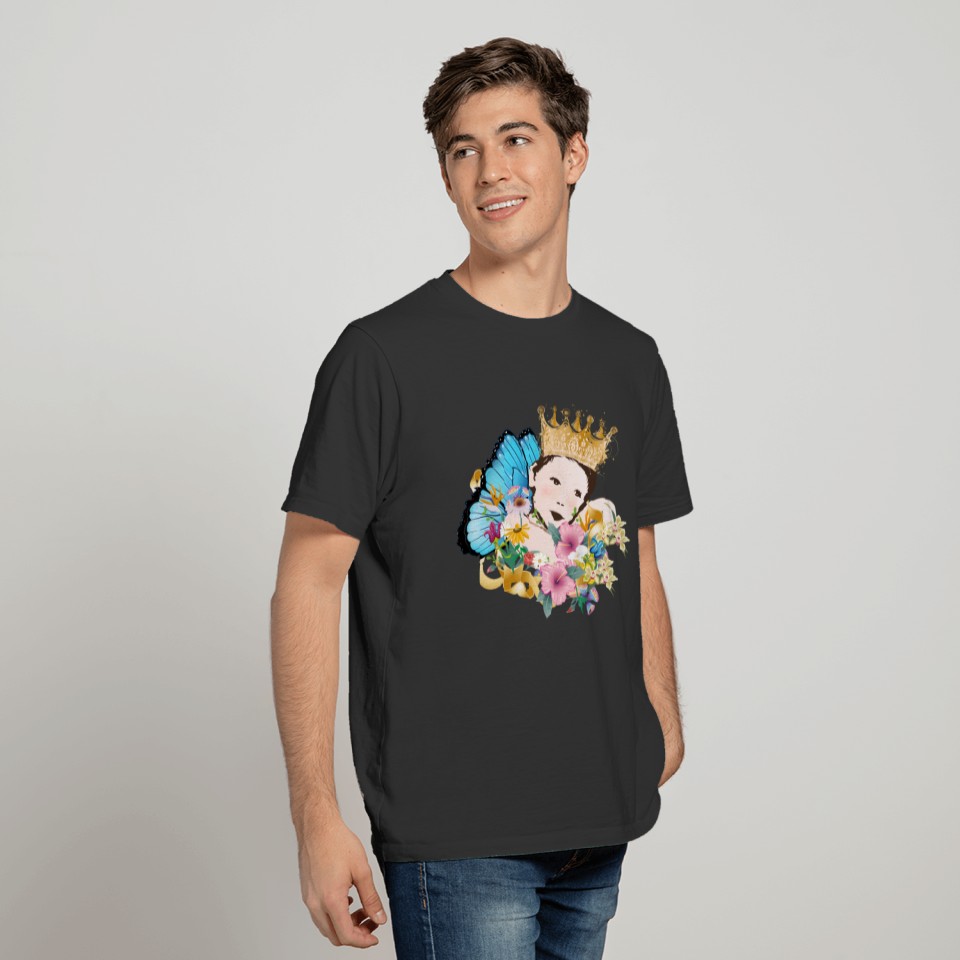Child with crown, butterfly wing and flowers T-shirt