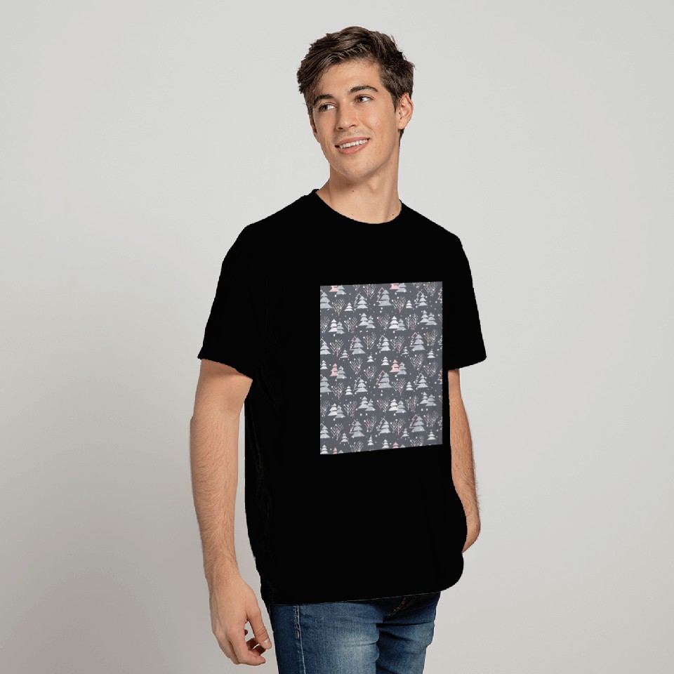 Grey Winter Christmas Tree Holiday Pattern T Shirts