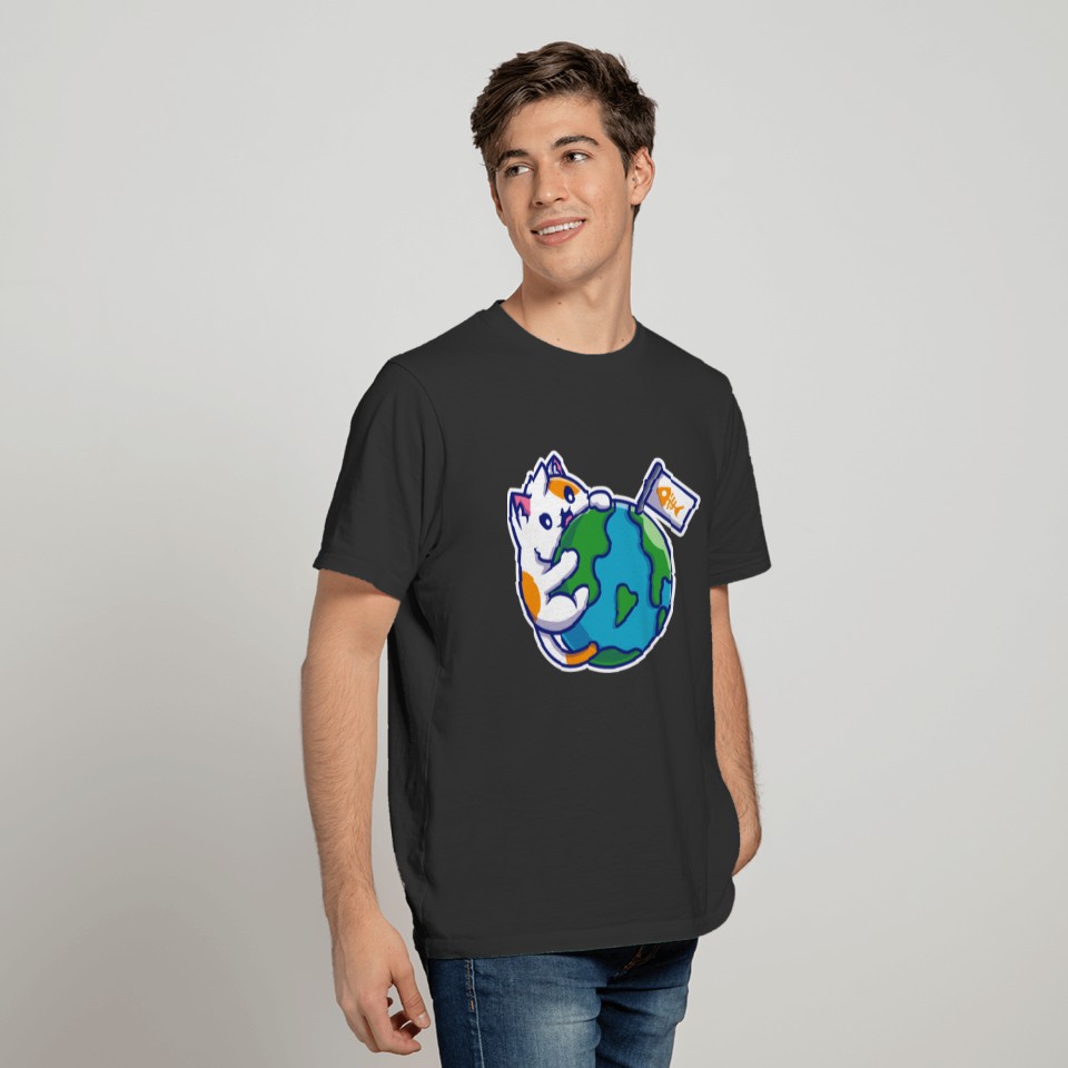 Cat around Earth trying to eat Fish Flag T-shirt