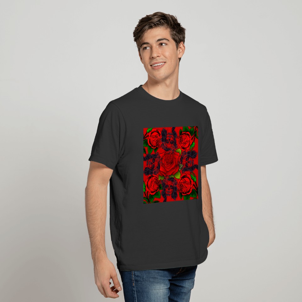 Rose Tattoos Day Of The Dead Mexican Skulls Red T Shirts