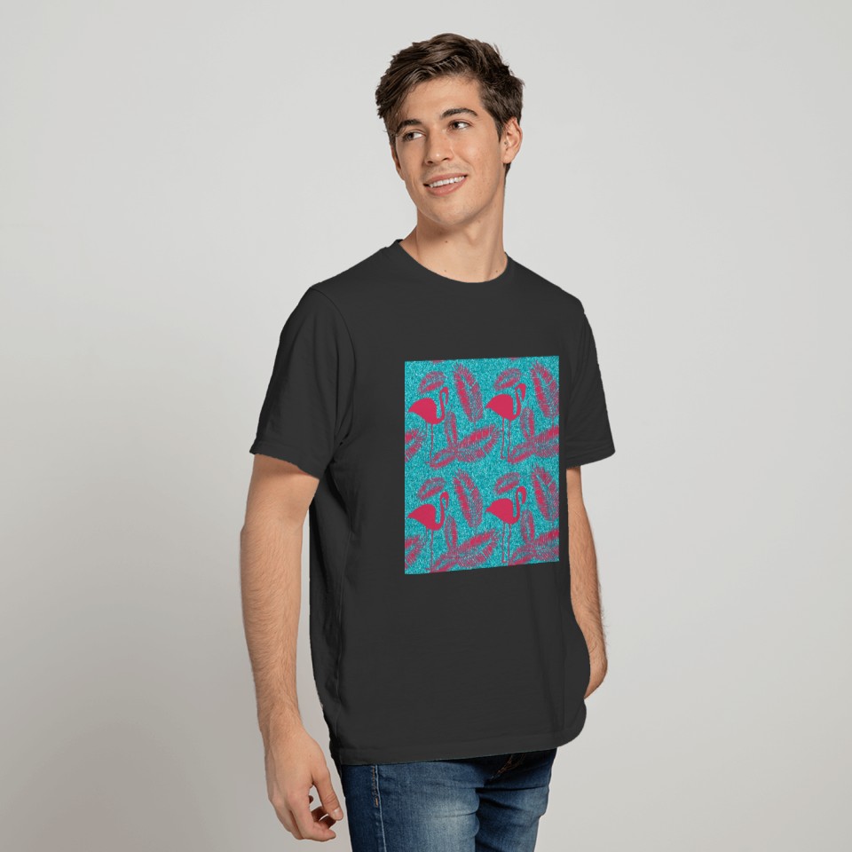 Pink Flamingo Exotic Birds Palm Leaves Summer T Shirts