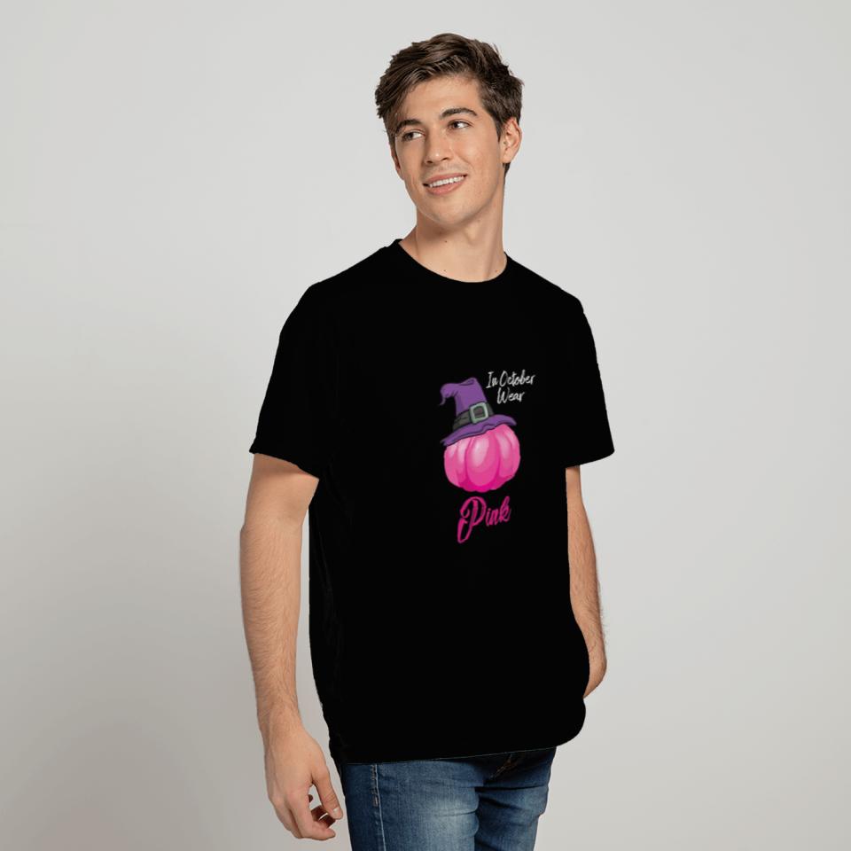 October Wear Pink Halloween Witch Pumpkin Breast T Shirts