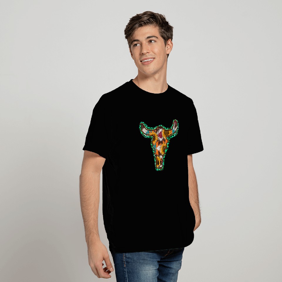 Aztec with Leopard Bull Skull T Shirts