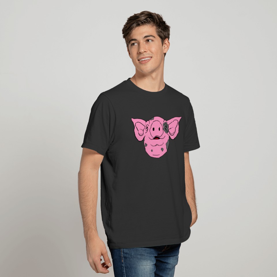 Pink Pig head with smiling face and grey spots T Shirts