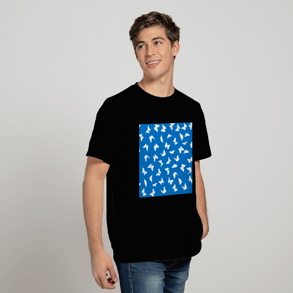 White Butterfly Blue Background Aesthetic Pattern T Shirts
