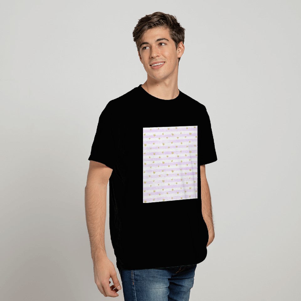 Striped Gold Hearts Pattern Purple White T Shirts