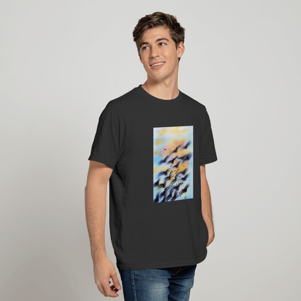 Gull colony flying in the beautiful sunrise sky T-shirt