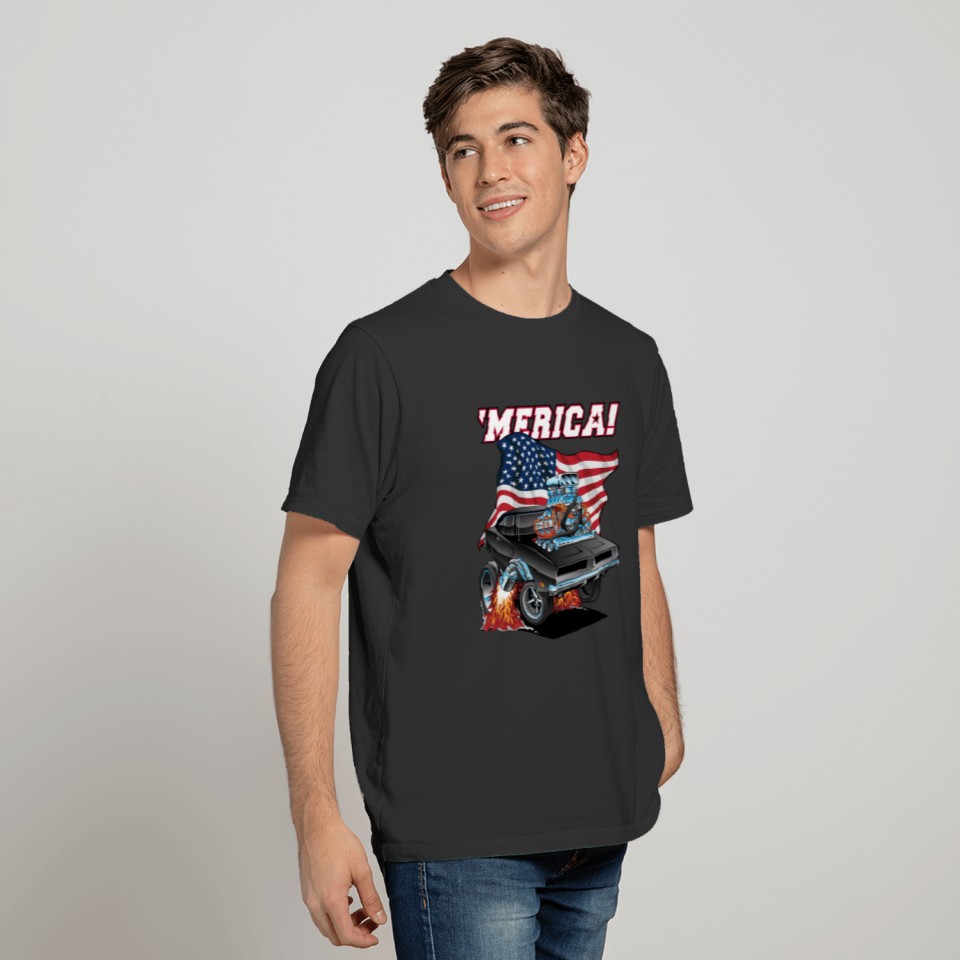 Merica Patriotic Classic Muscle Car with USA Flag T Shirts