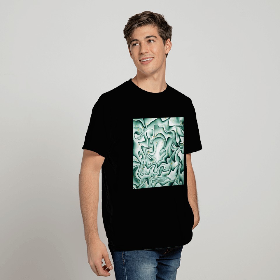 Dark Green White Gold Fantasy Wave Pattern T Shirts