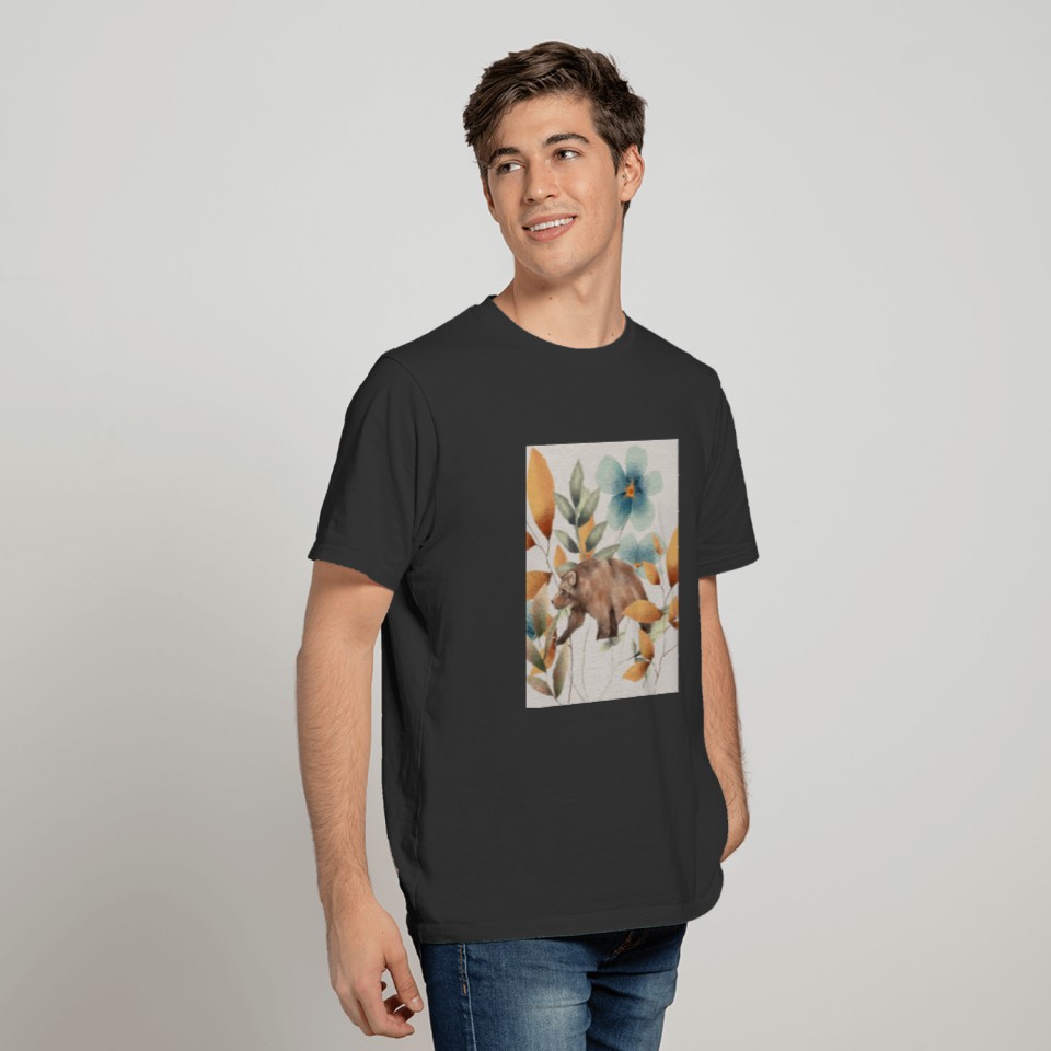 Watercolor illustration of a bear and a flower. T-shirt