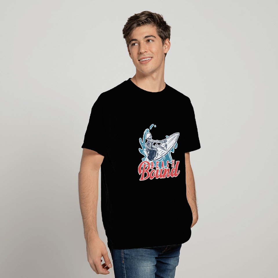 Beach bound with surfing skeleton T Shirts