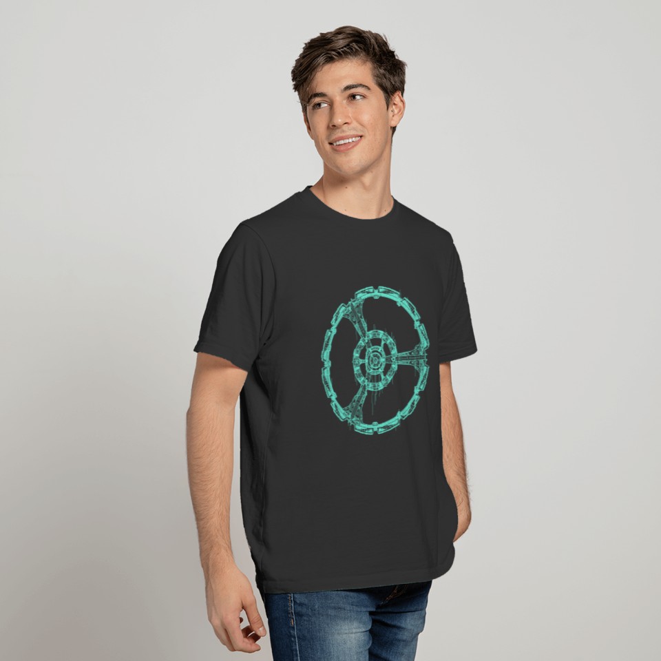 Turquoise Retro sci-fi station illustration T-shirt