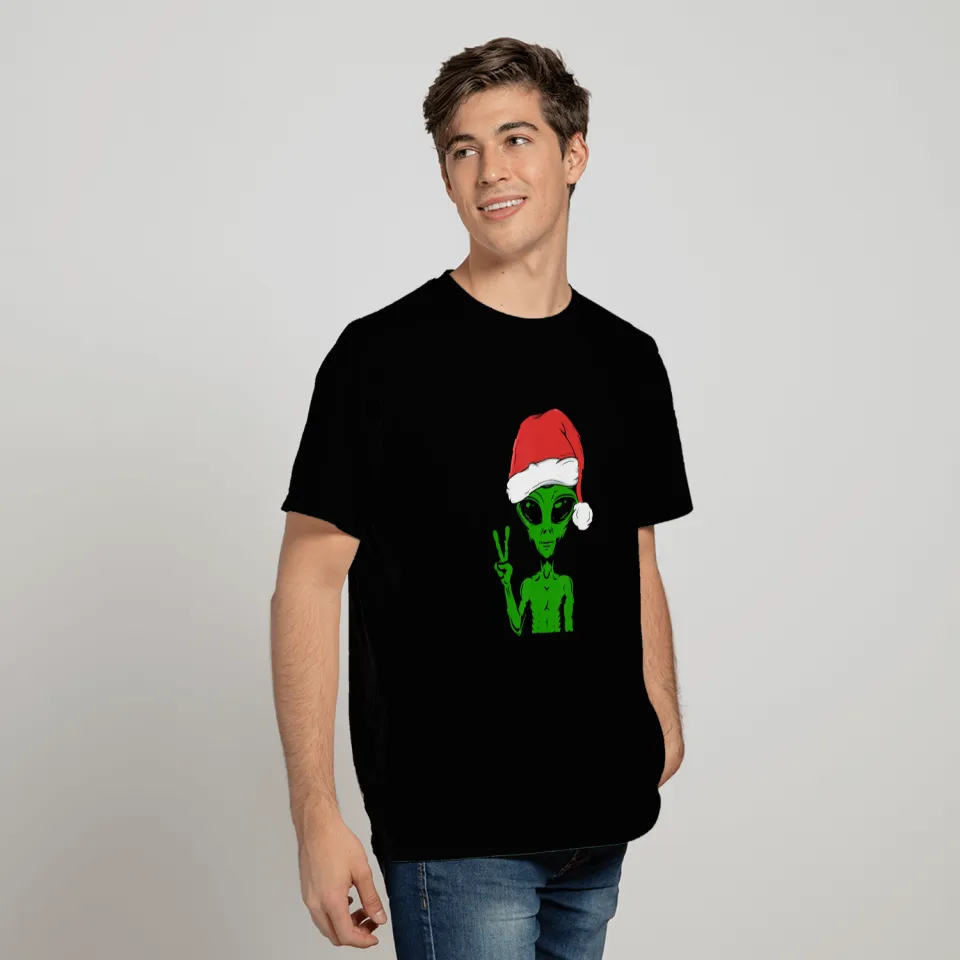 Alien Christmas Wearing Santa Hat Funny Xmas T Shirts