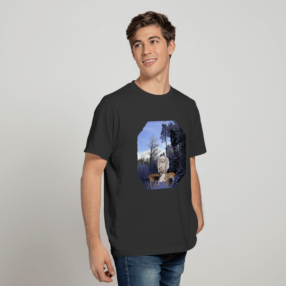 DEER--Family with ANGEL in Snow-Forest T Shirts