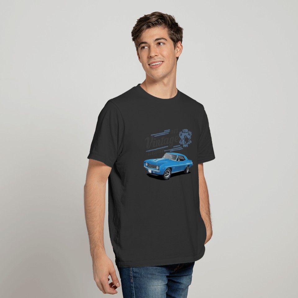 Vintage Blue Camaro and Engine T-shirt
