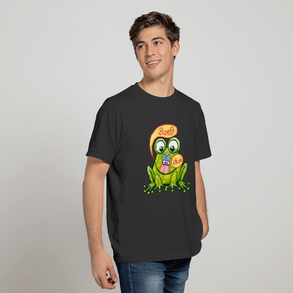 Mischievous green frog ready to eat a yummy fly T-shirt