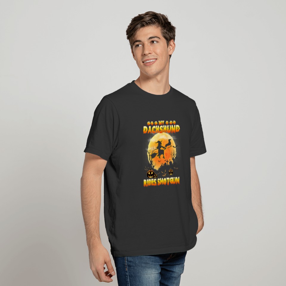 Dachshund Rides Shotgun Dog Lover Witch Fly Broom T-shirt