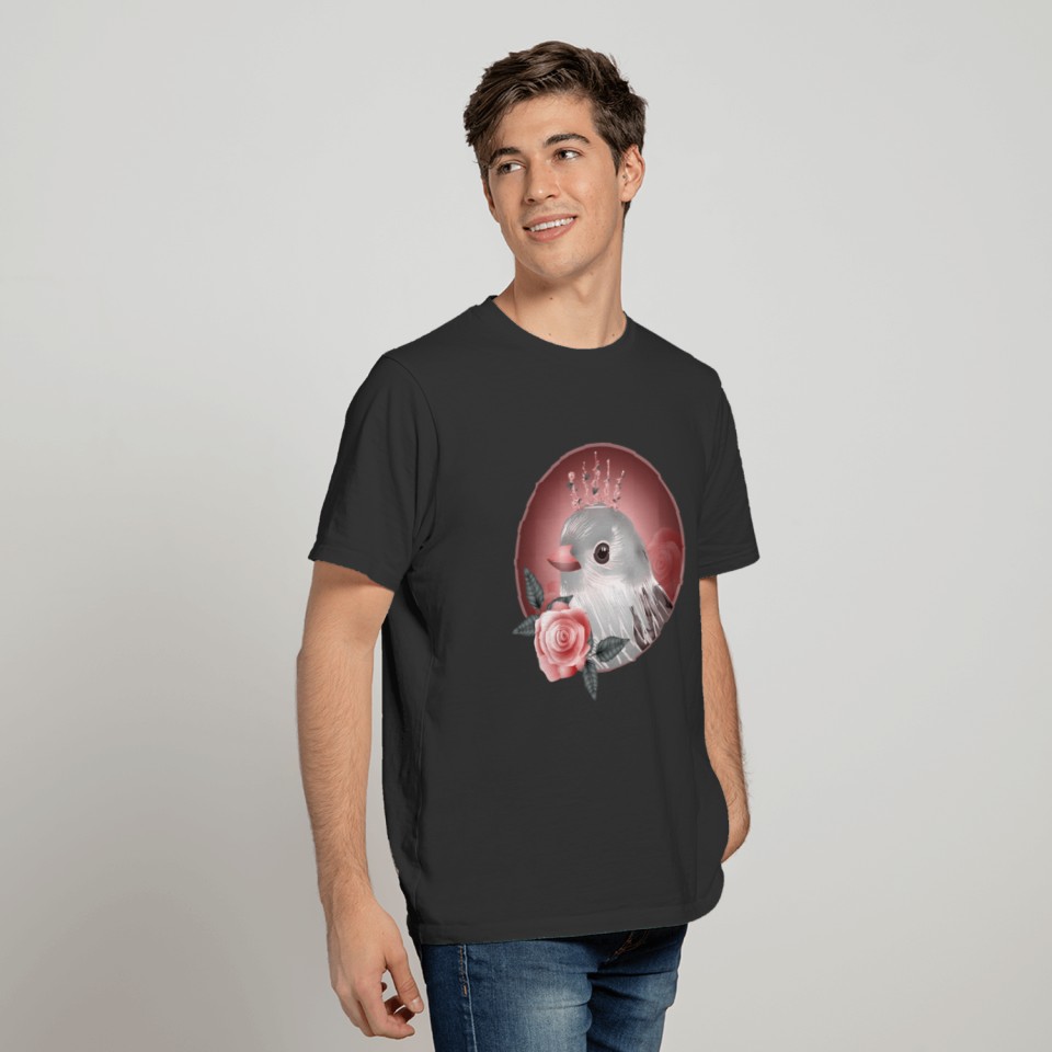 gray bird with roses and sleeping beauty crown T-shirt