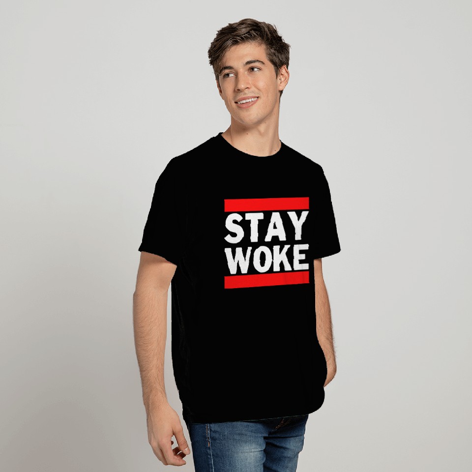 STAY WOKE (White text between Red bars) T Shirts