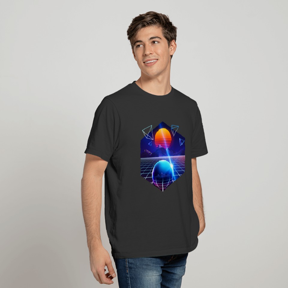 Neon sunset, mountains and sphere T-shirt