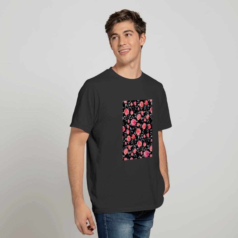 Roses on Black a watercolor floral pattern T-shirt