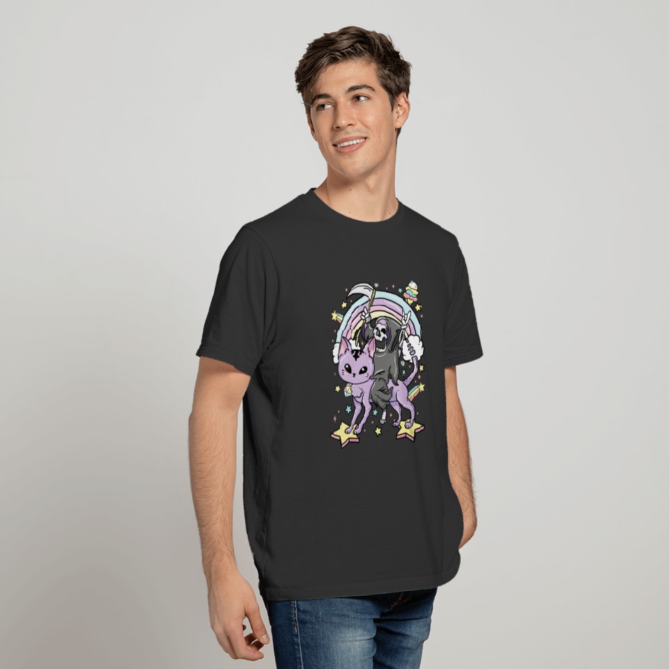 Womens Grim Reaper Riding A Cat V Neck T Shirts