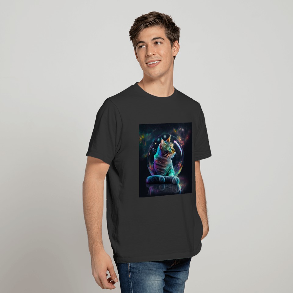 Cat in space bubble reflections colorful T Shirts