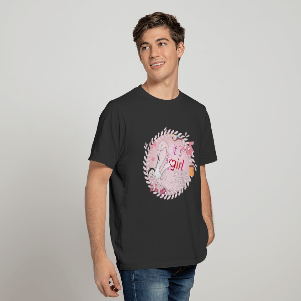 Flamingo with baby and baby paraphernalia in pink T Shirts