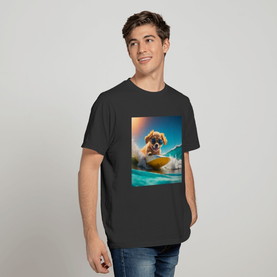 A cute hyper golden dog surfing in the sea T Shirts