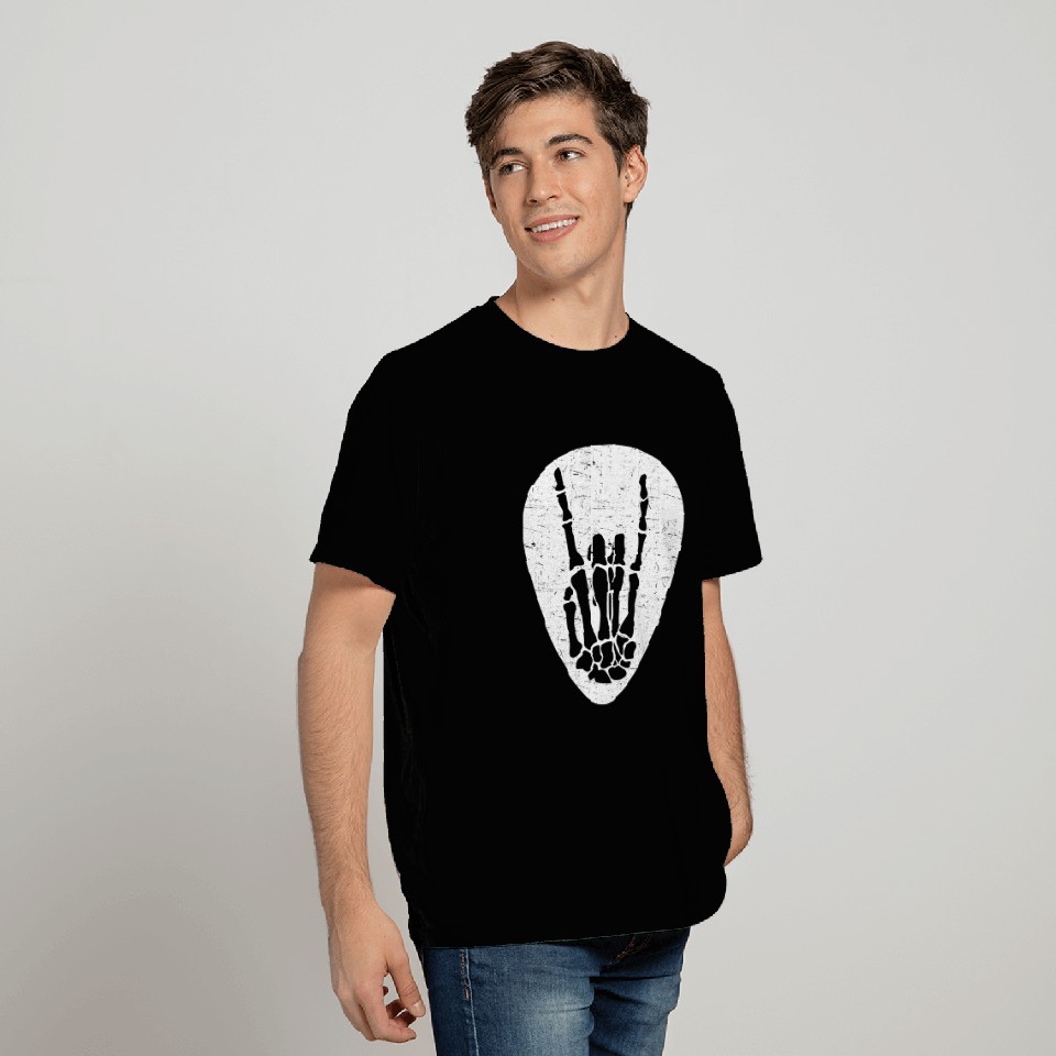 Cool Rock And Roll Skeleton Hand On A Guitar Pick T Shirts