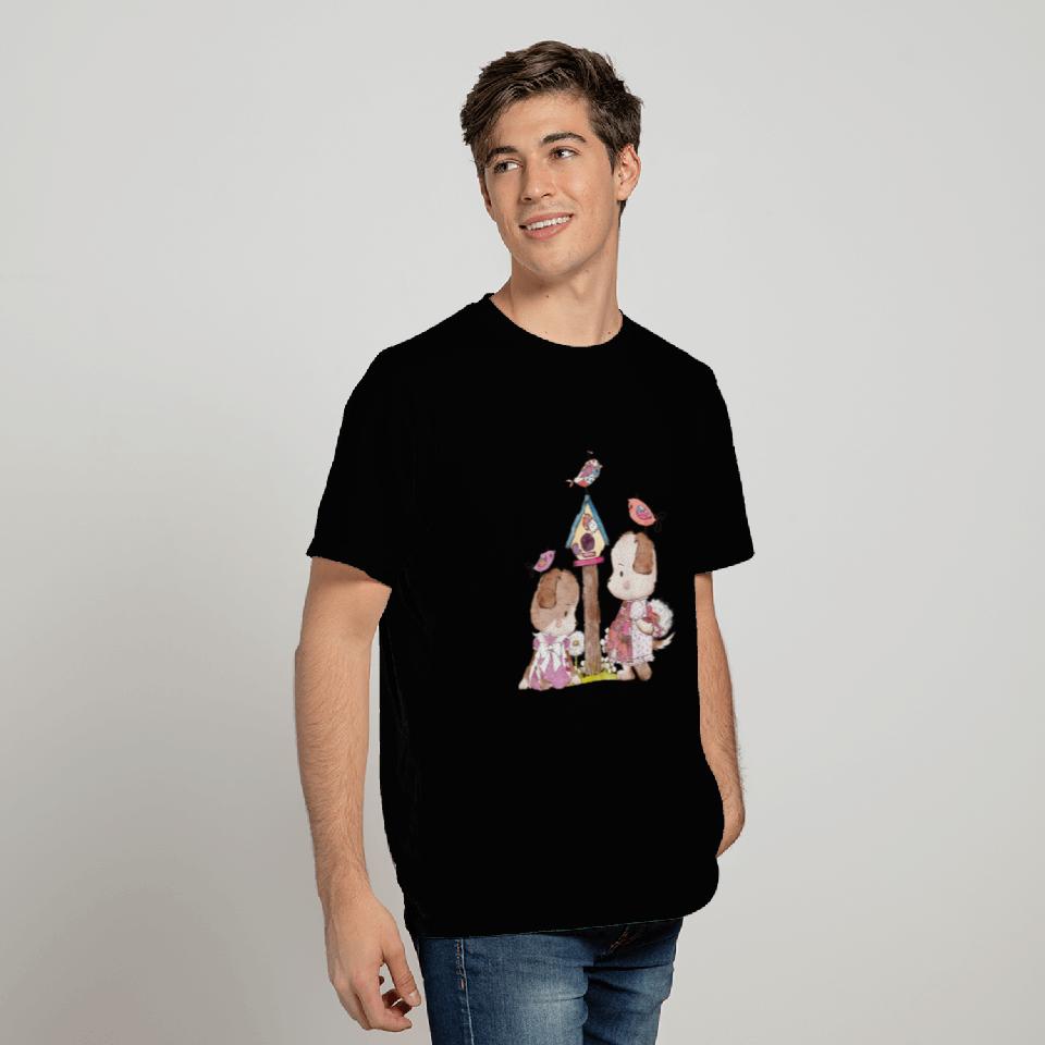 Lovable Dogs with Birds in Vintage Patchwork T Shirts
