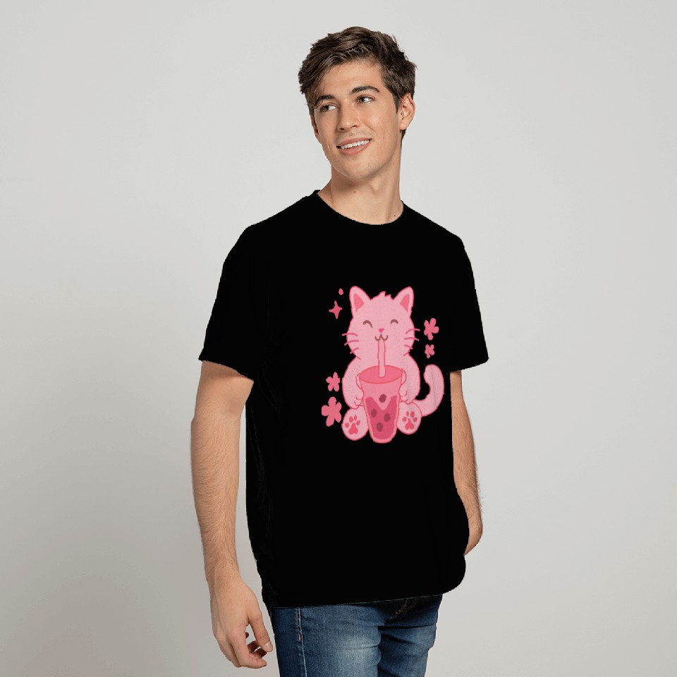 Boba Cat Kawaii Pink Sakura Style T Shirts