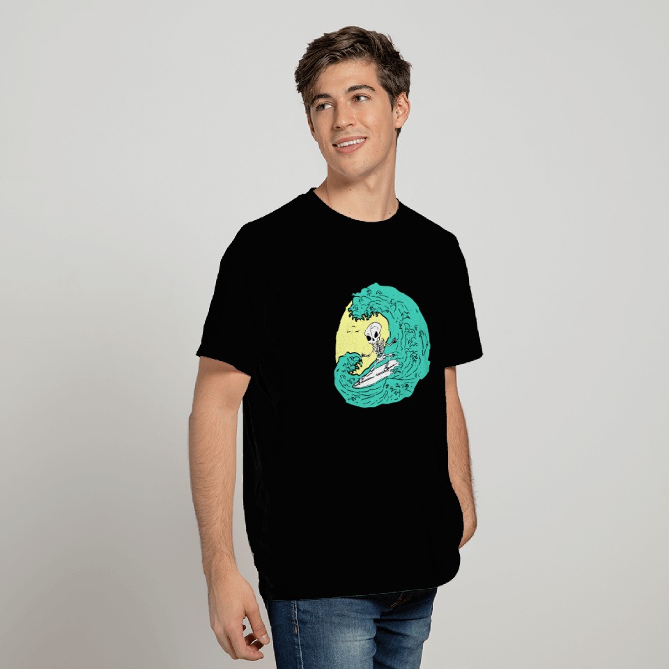 Skeleton surfing on Wave T Shirts