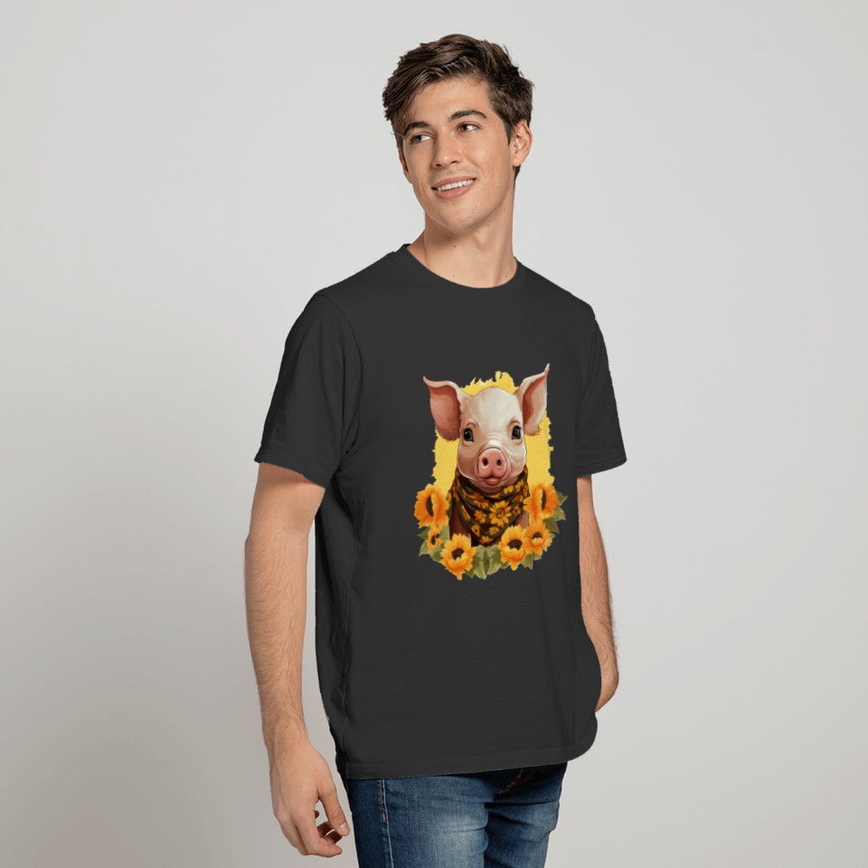 Pig with Sunflower Wreath, Charming Farm Animal De T Shirts