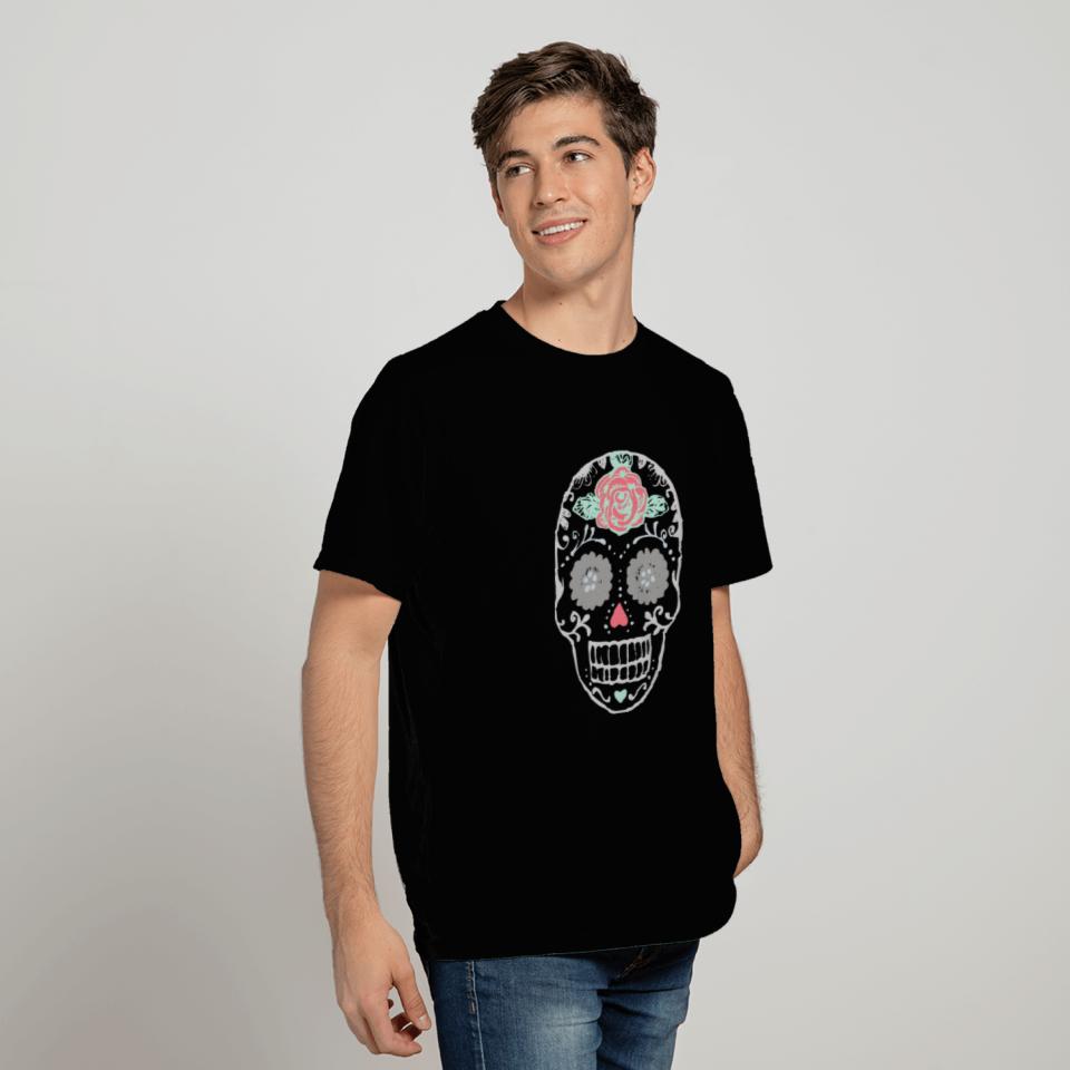 Sugar Skull With Red Rose On Forehead T Shirts