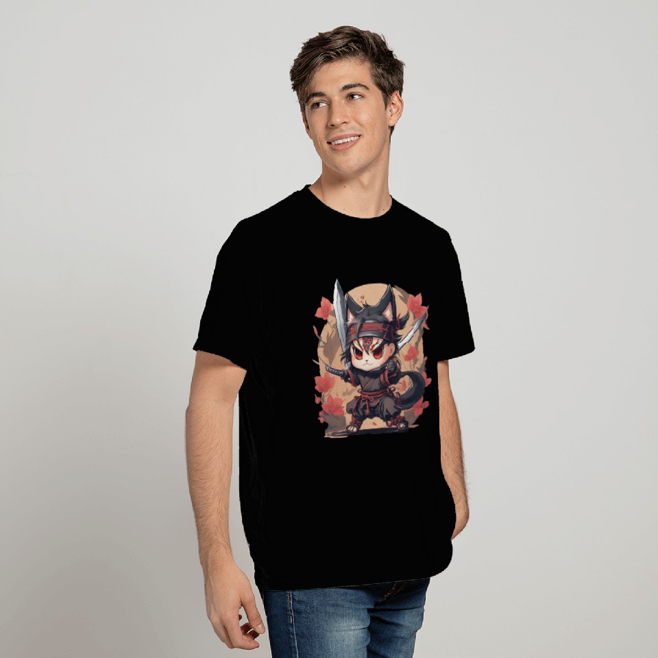 Kawaii Chibi Samurai Cat T Shirts